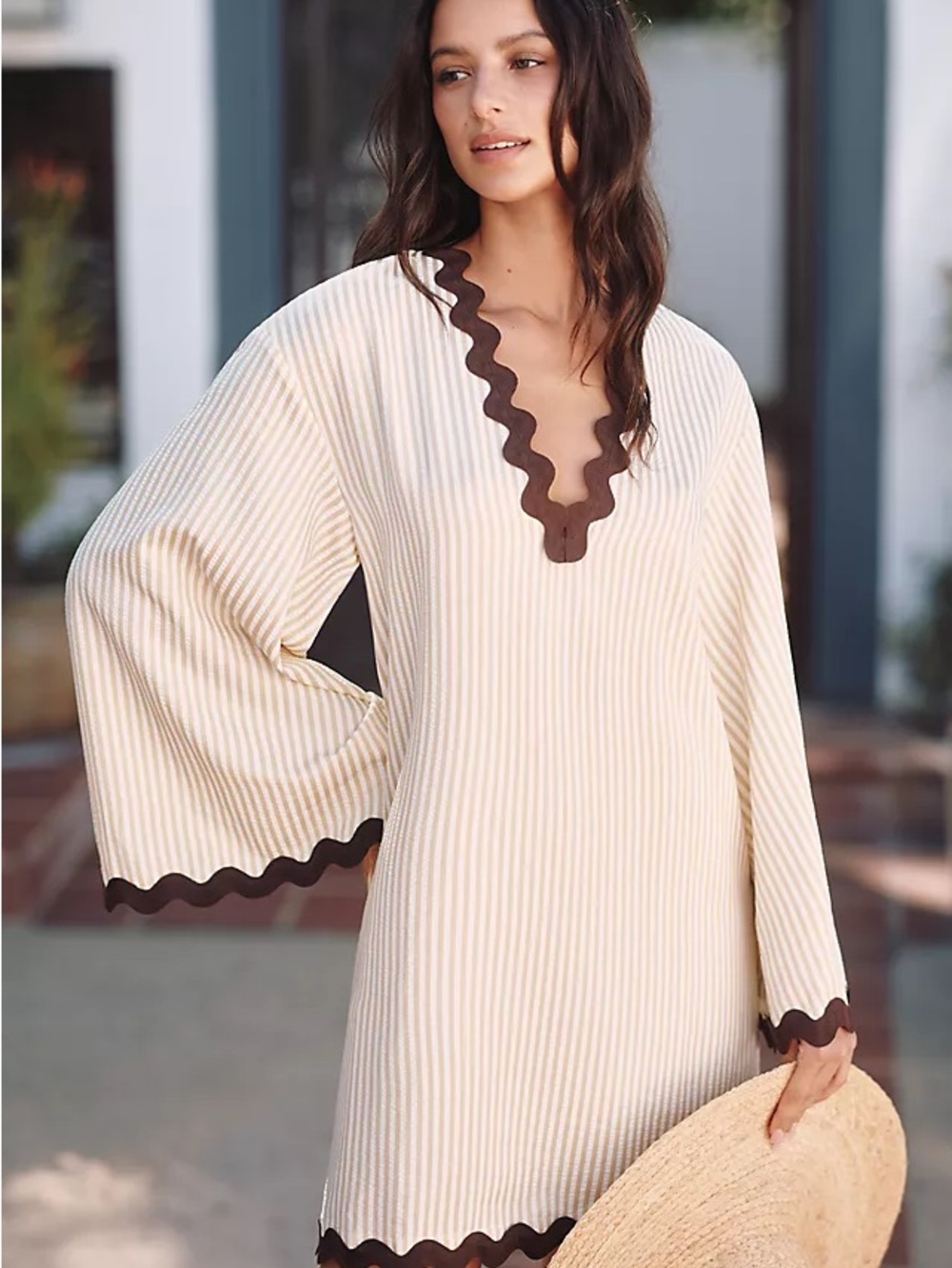 Anthropologie Cream and Chocolate Wave-Trim Swim Coverup